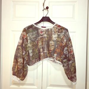 NEW White Calligraphy Animal Print Art Crop Blouse